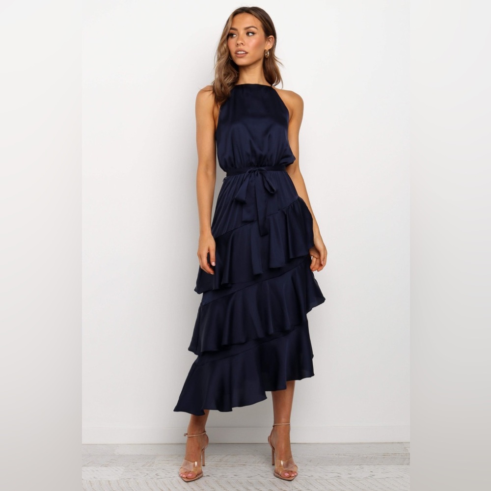 Petal & Pup Seychelle Navy Satin Asymmetrical Hem Tiered Ruffle Midi Dress - 6 - Picture 3 of 11